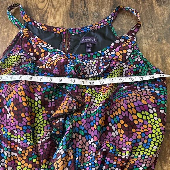 Long Tall Sally LTS Polka dot maxi dress ruffle front Sz 12 mosaic confetti - Picture 8 of 10